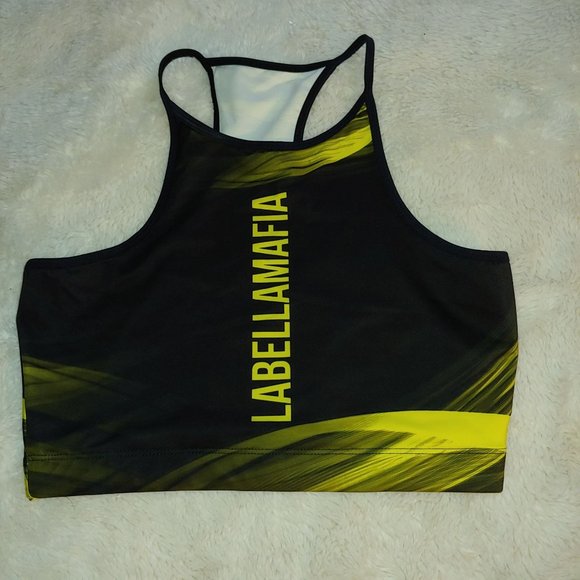 Labella mafia womens black and yellow stripe pattern athletic workout crop top - Picture 1 of 4